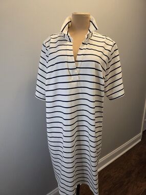 Lands End White/Navy Striped Polo Plus Size Midi Dress